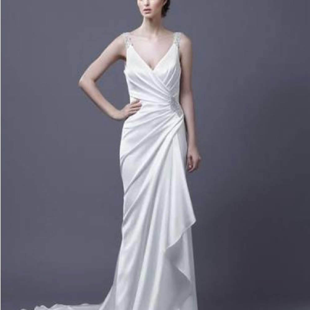 Classic White V-Neck Satin Bridal Gown with Beaded Straps